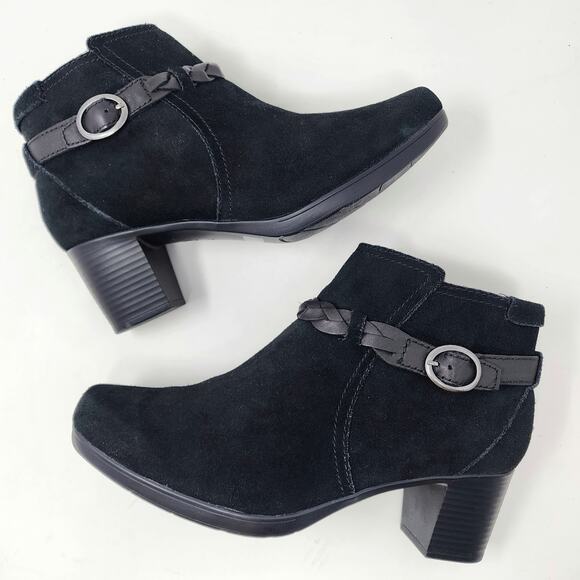 Clarks Booties Women 11 Wide Bendables Black Suede Stack Heel Braided Band 68728 - Picture 7 of 10
